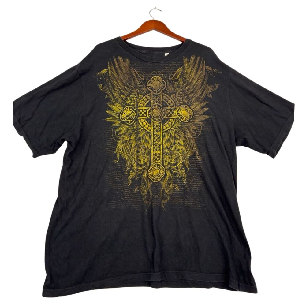 True Nation Mens 3XLT Black Gold Cross Wings Graphic T-Shirt Big Tall 100%